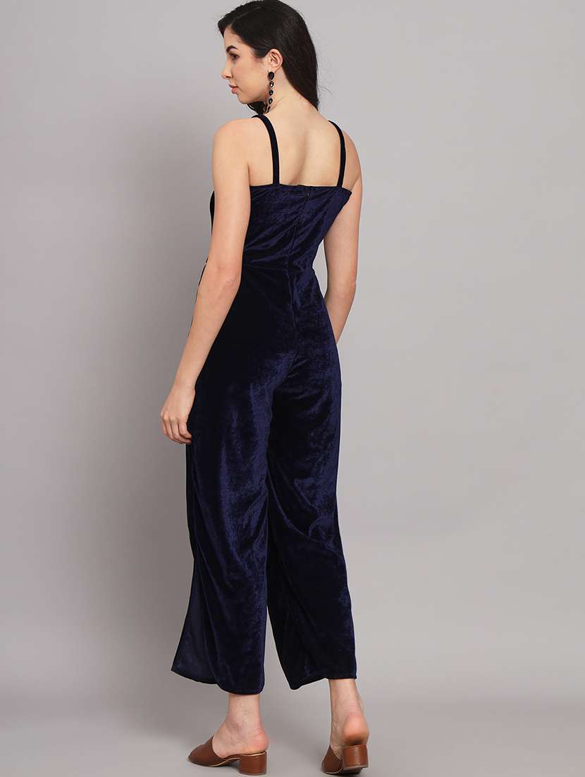 women solid shoulder strap velvet jumpsuit - 22040464 - Standard Image - 4