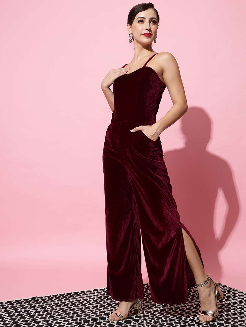women solid shoulder strap velvet jumpsuit - 22040465 -  Standard Image - 1