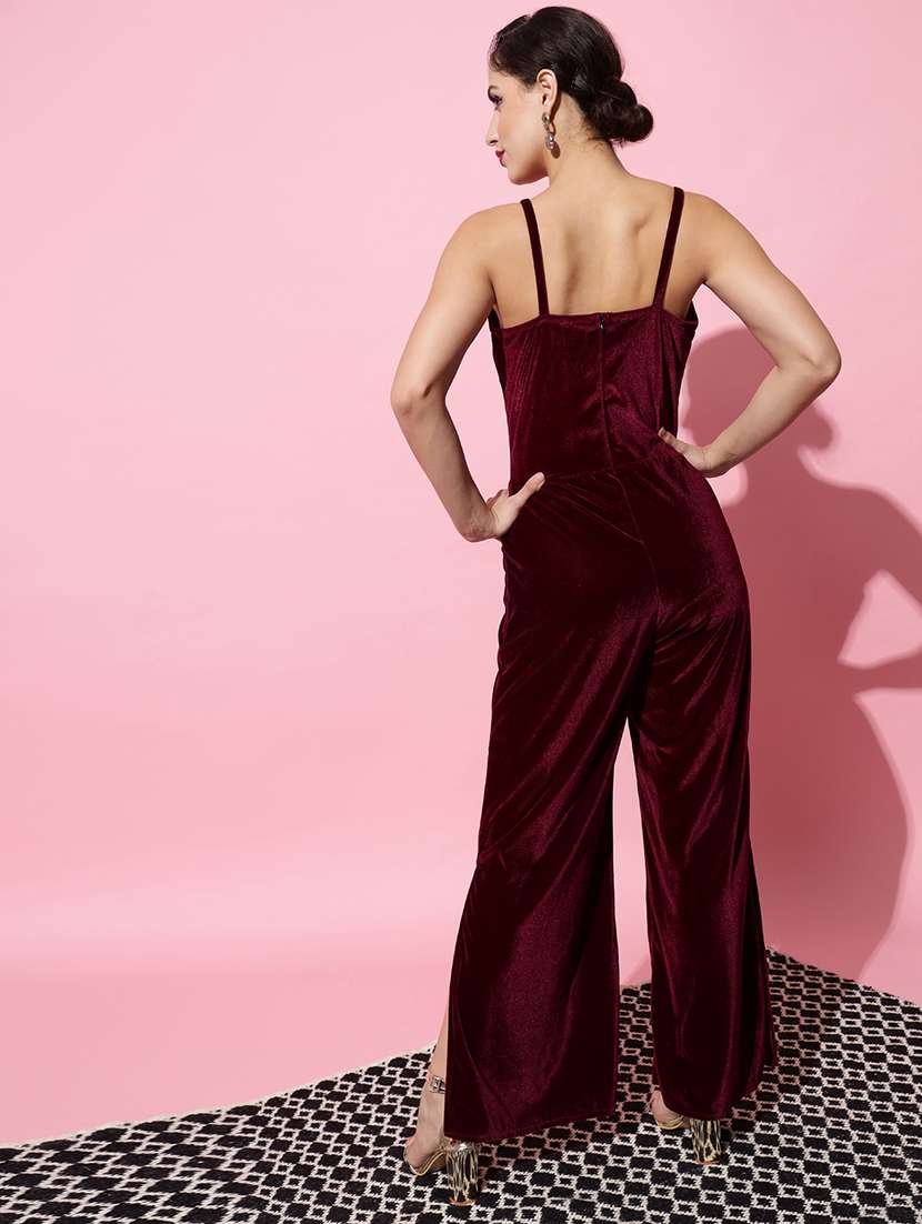 women solid shoulder strap velvet jumpsuit - 22040465 -  Standard Image - 4