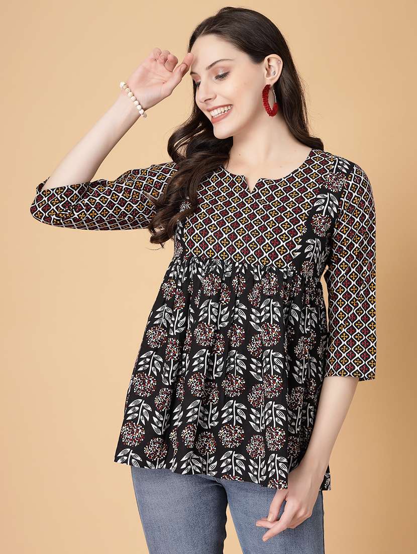 women printed three quarter sleeve flared kurti - 22040469 - Standard Image - 1