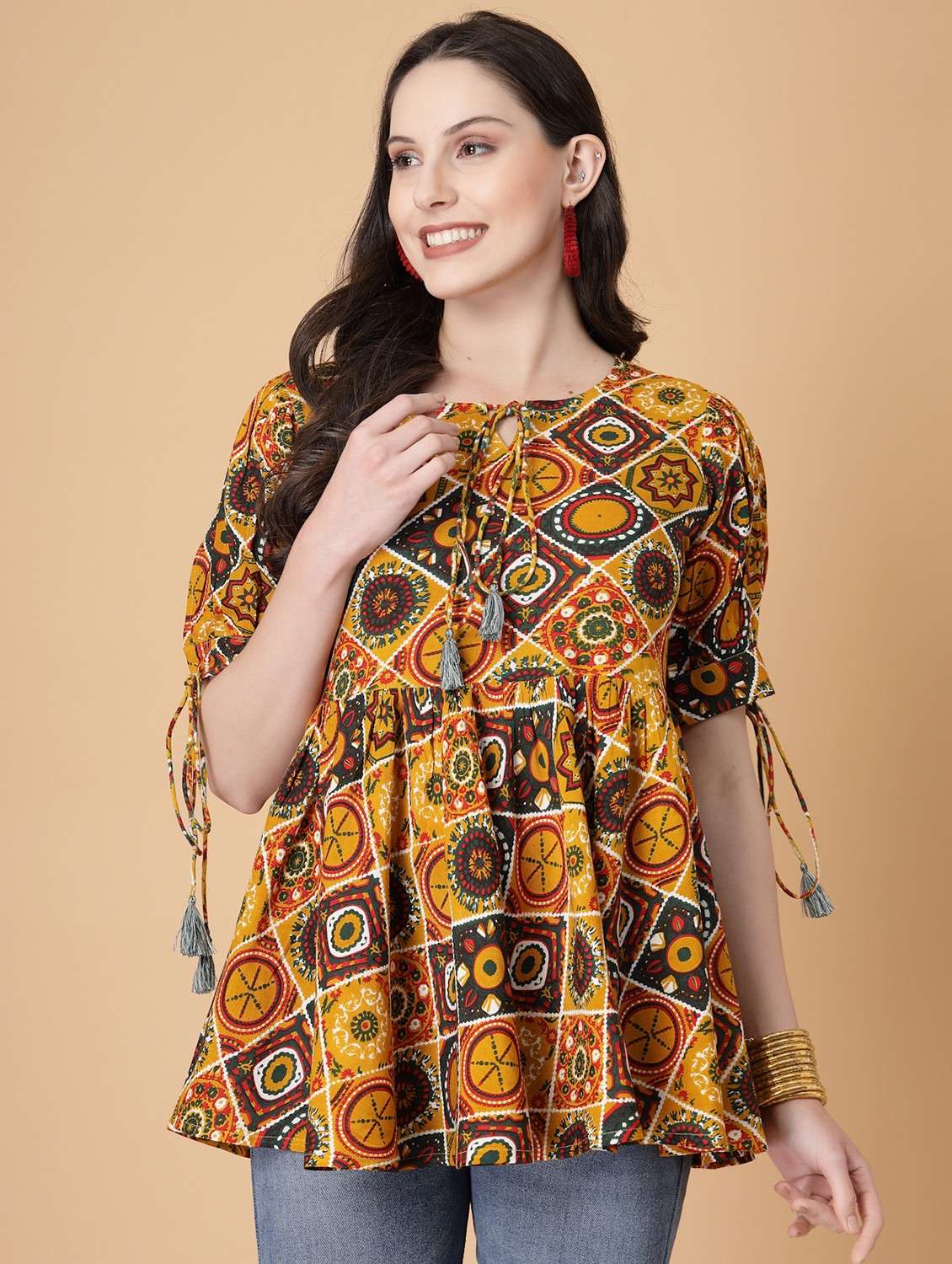 women printed puff sleeve flared kurti