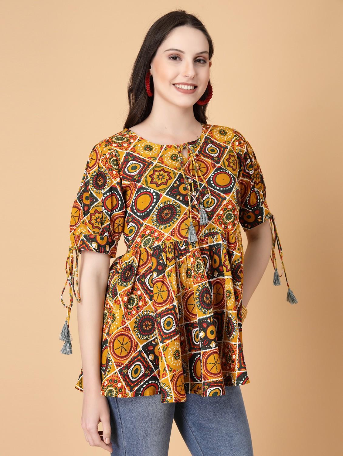 women printed puff sleeve flared kurti - 22040470 - Standard Image - 1