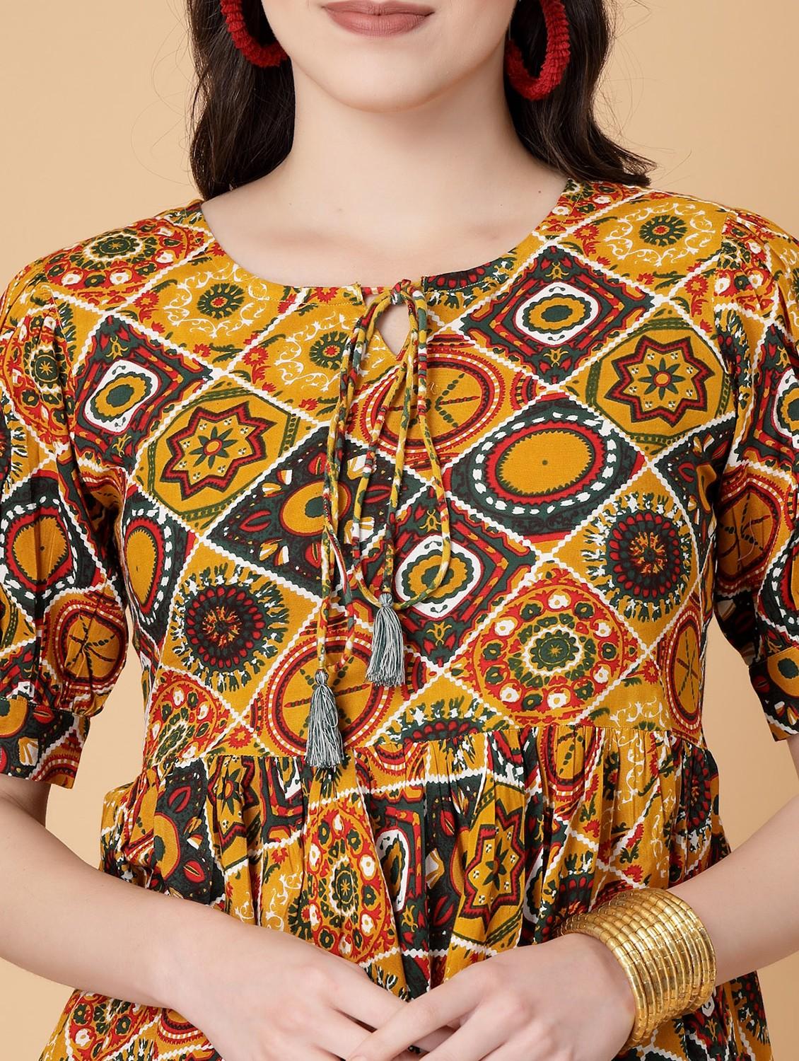 women printed puff sleeve flared kurti - 22040470 - Standard Image - 4