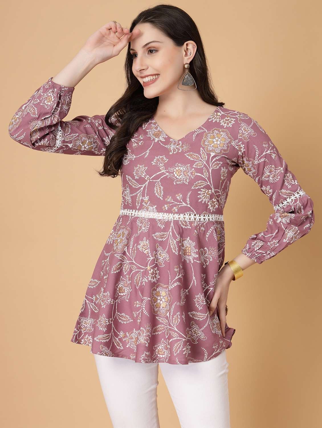 women printed three quarter sleeve flared kurti