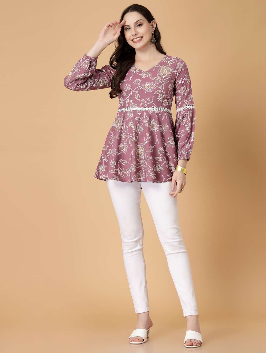 women printed three quarter sleeve flared kurti - 22040473 - Standard Image - 4