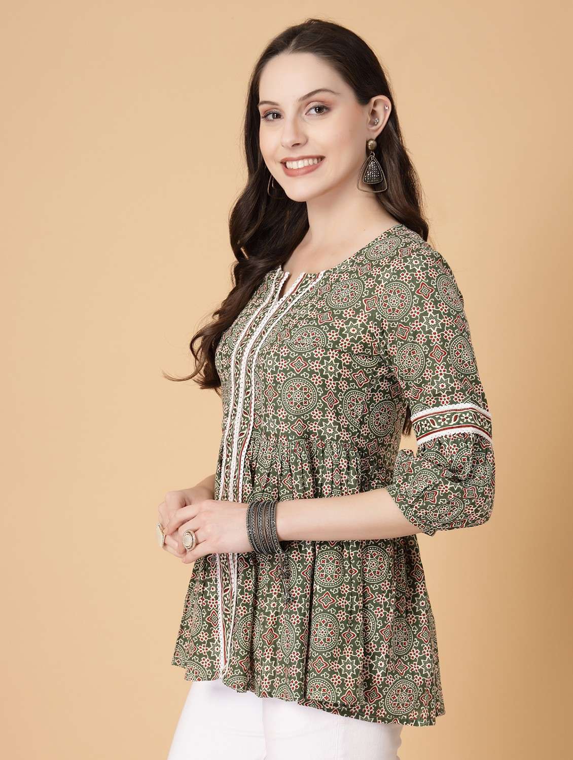 women printed three quarter sleeve flared kurti - 22040474 - Standard Image - 1