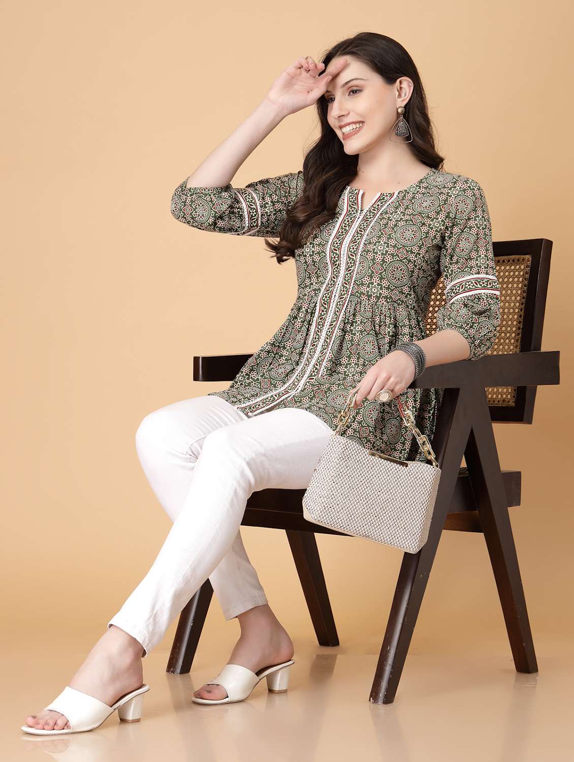 women printed three quarter sleeve flared kurti - 22040474 - Standard Image - 4