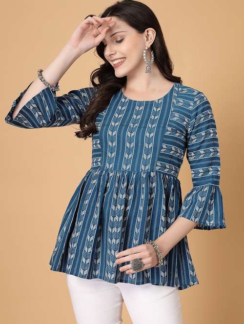 women printed three quarter sleeve flared kurti - 22040475 -  Standard Image - 0