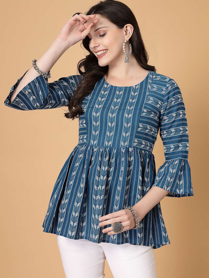 women printed three quarter sleeve flared kurti