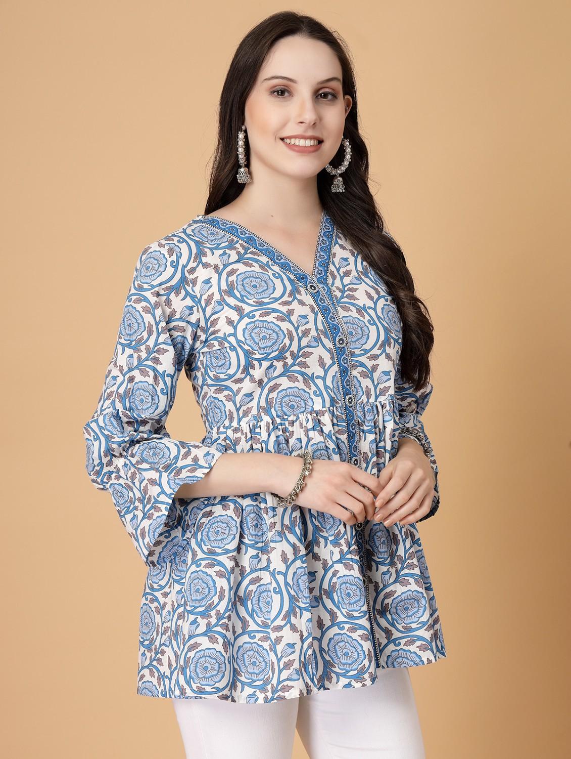 women printed three quarter sleeve flared kurti - 22040476 - Standard Image - 1