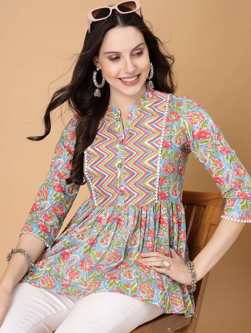 women printed three quarter sleeve flared kurti