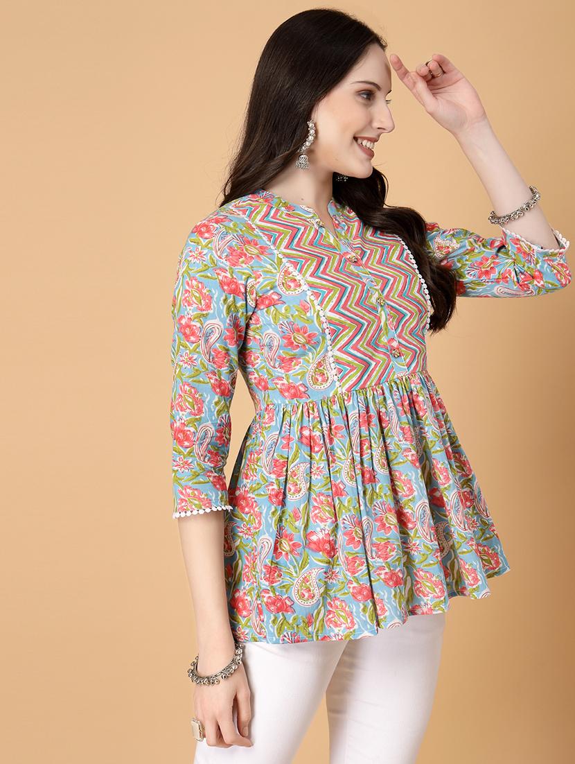 women printed three quarter sleeve flared kurti - 22040477 - Standard Image - 1