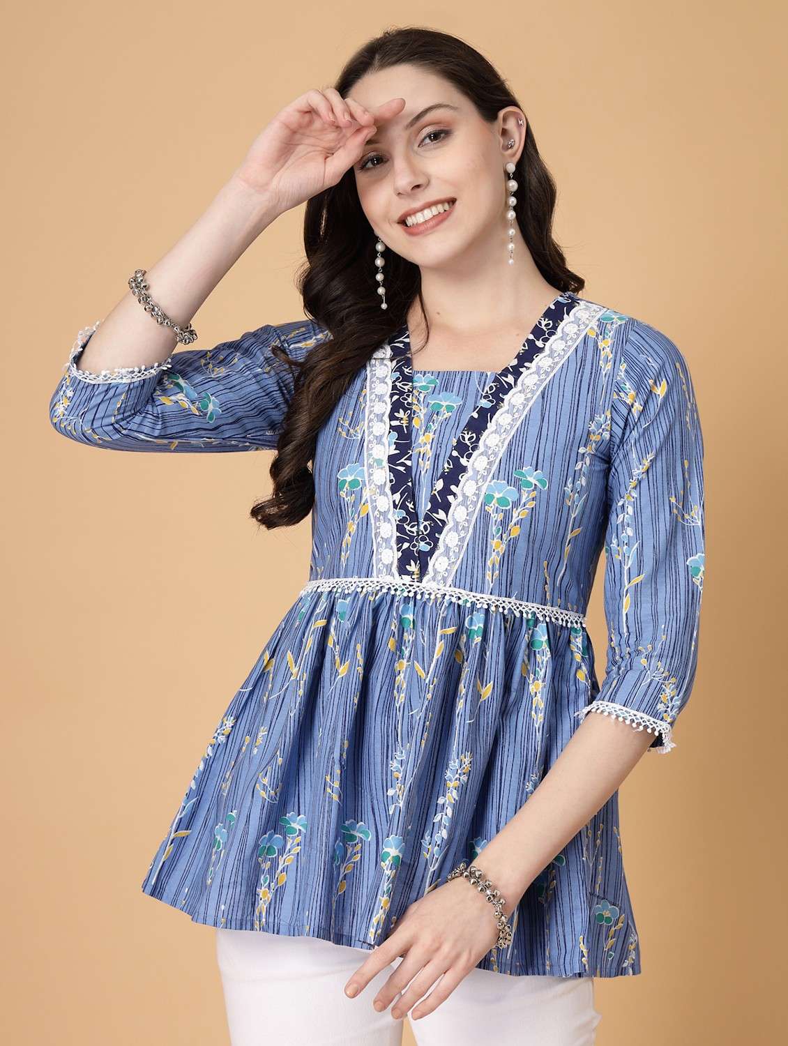 women printed three quarter sleeve flared kurti - 22040478 - Standard Image - 1