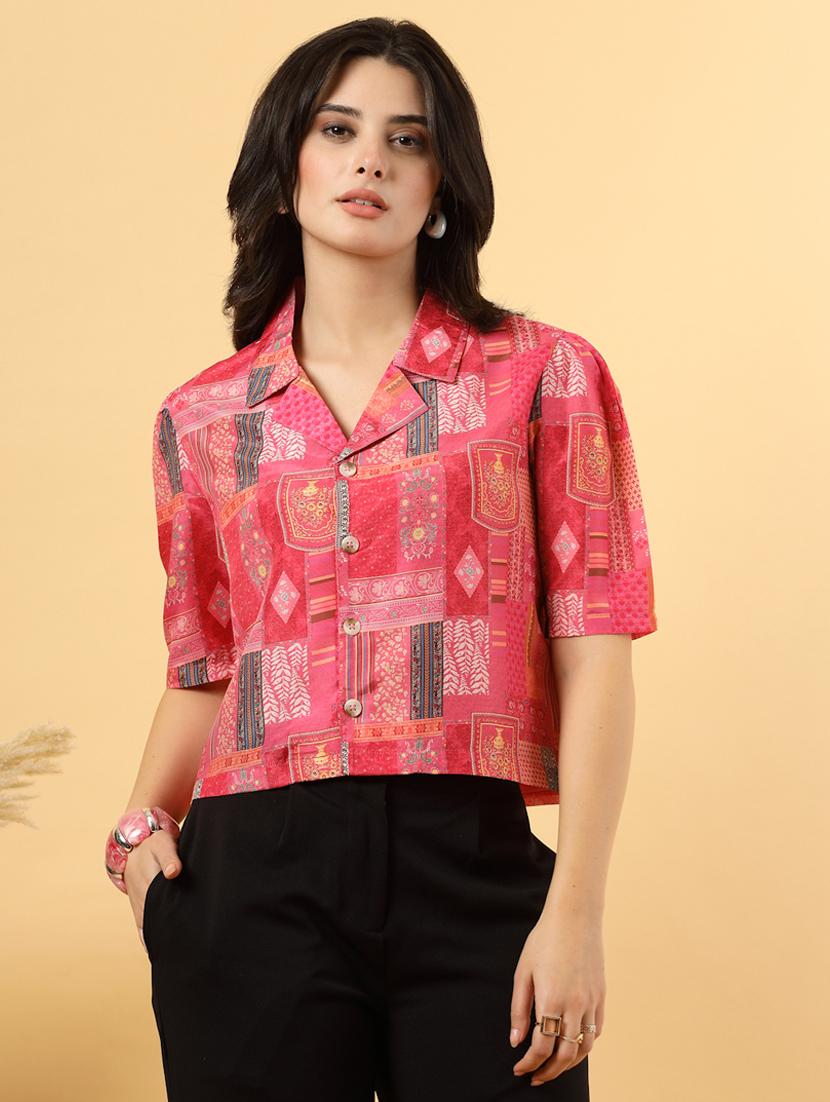 women printed short sleeve ethnic crop top - 22040817 - Standard Image - 1