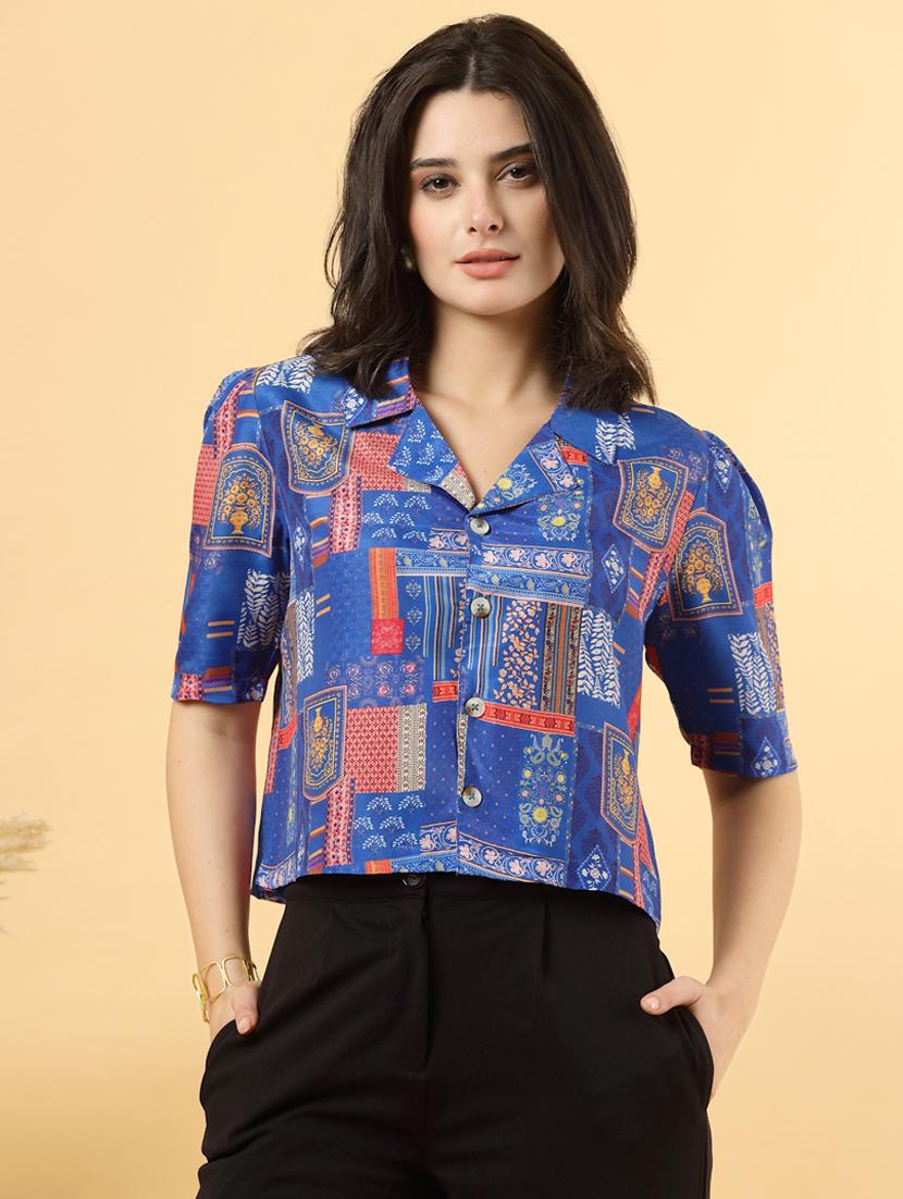 women printed short sleeve ethnic crop top - 22040818 - Standard Image - 1