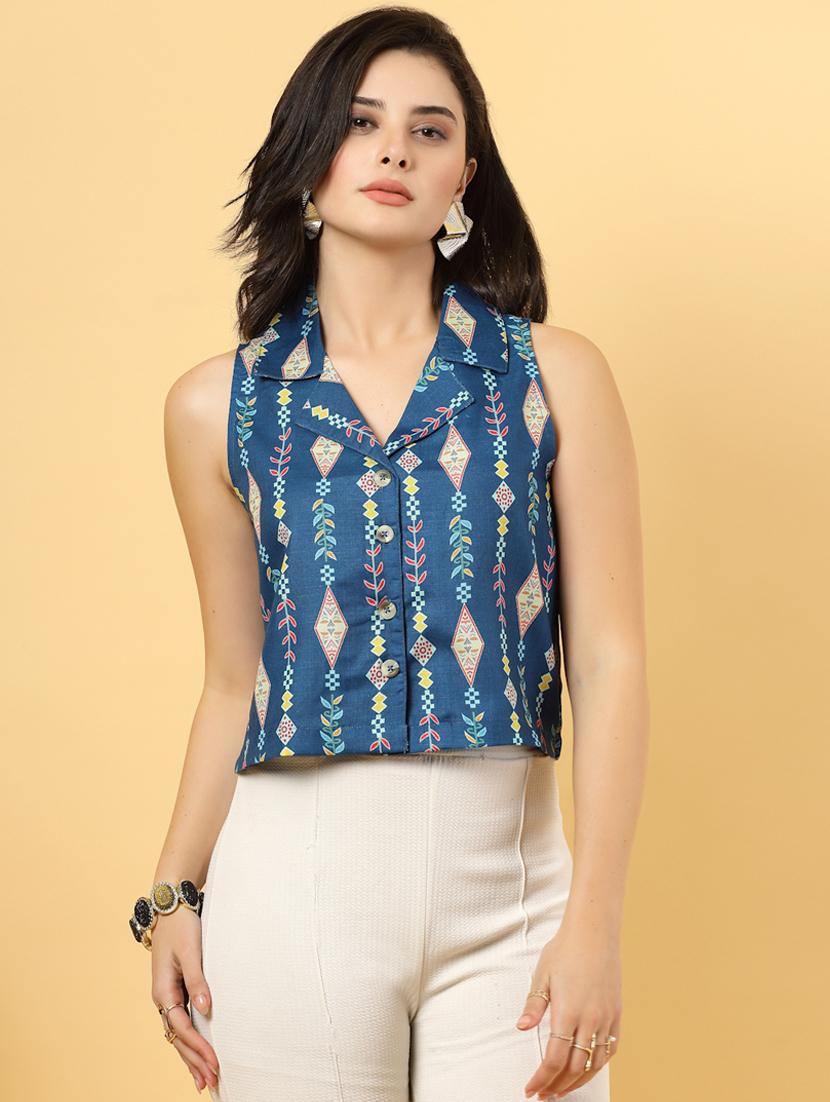 women printed sleeveless ethnic crop top - 22040819 - Standard Image - 1