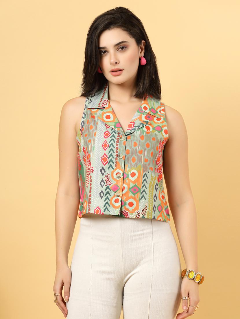 women printed sleeveless ethnic crop top - 22040820 - Standard Image - 1