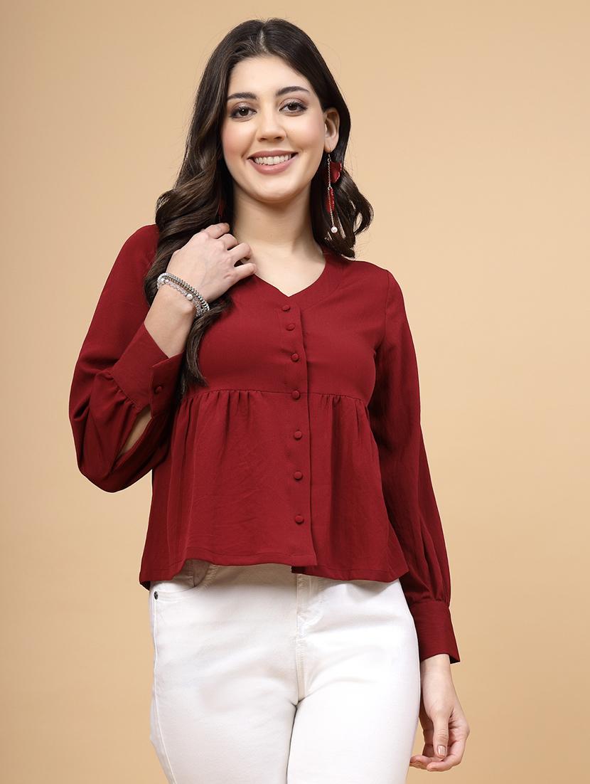 women maroon solid long sleeve a-line top - 22040845 - Standard Image - 1