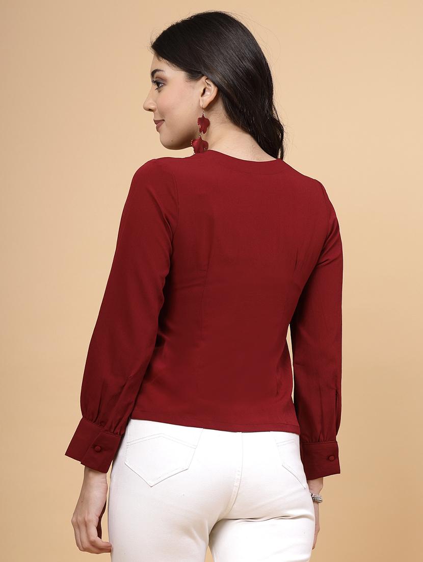 women maroon solid long sleeve a-line top - 22040845 - Standard Image - 4