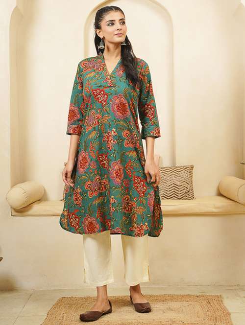 women floral print three quarter sleeve kurta - 22040890 - Standard Image - 0