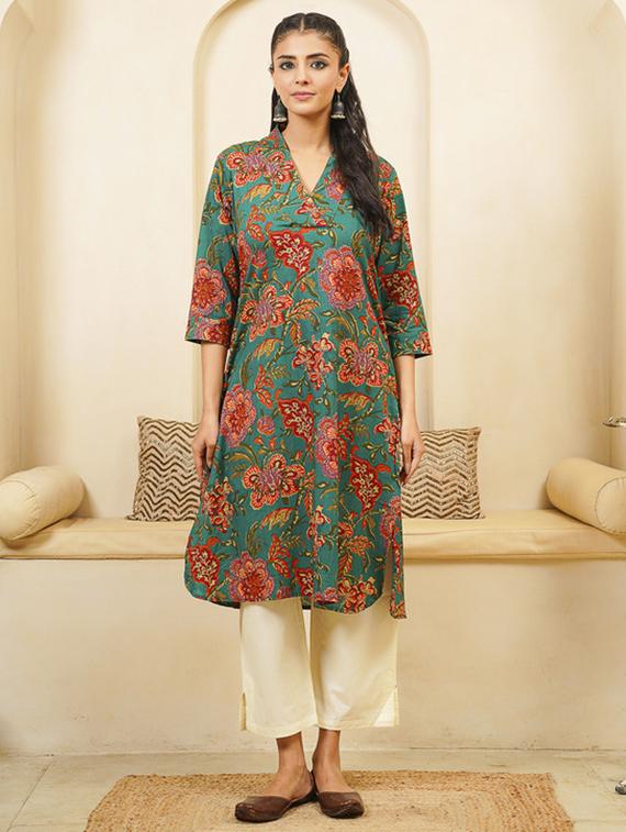 women floral print three quarter sleeve kurta - 22040890 - Standard Image - 1