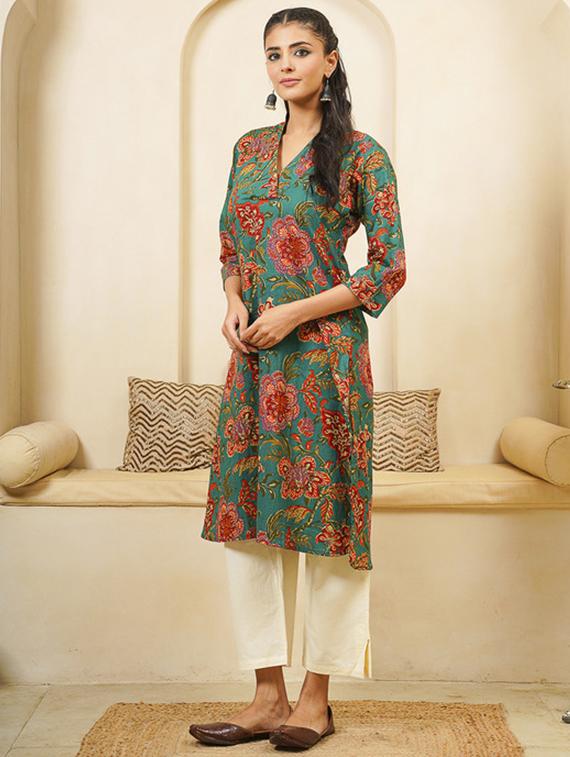 women floral print three quarter sleeve kurta - 22040890 - Standard Image - 4
