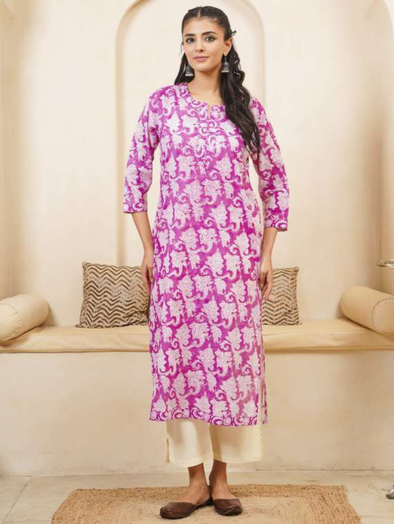 women printed three quarter sleeve straight kurta - 22040893 -  Standard Image - 1