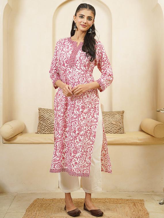 women printed three quarter sleeve straight kurta - 22040894 - Zoom Image - 0