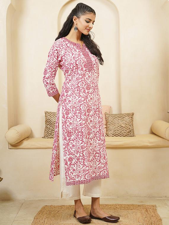 women printed three quarter sleeve straight kurta - 22040894 - Standard Image - 1