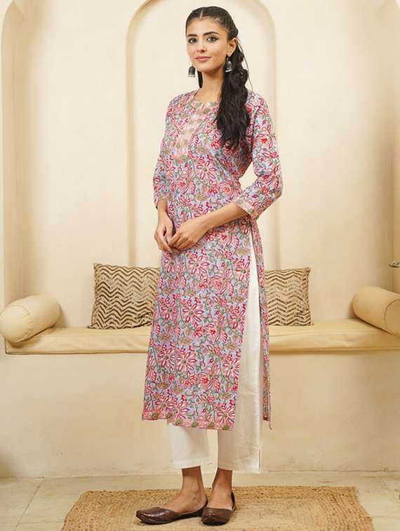 women printed three quarter sleeve straight kurta - 22040895 - Standard Image - 1