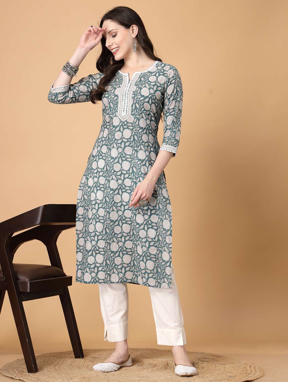 women printed three quarter sleeve straight kurti - 22040900 - Zoom Image - 0