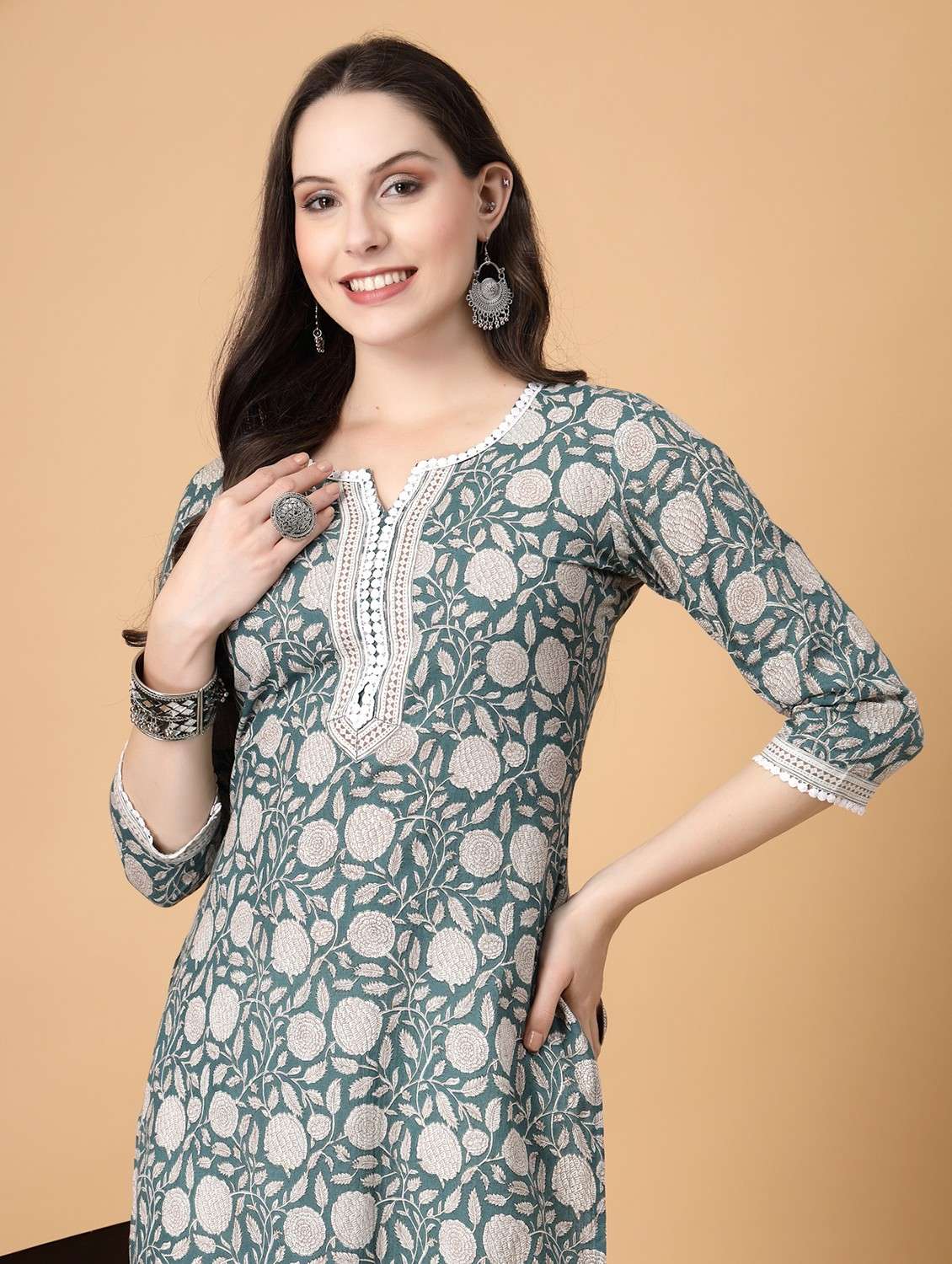 women printed three quarter sleeve straight kurti - 22040900 - Standard Image - 1