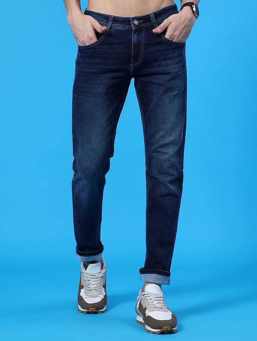 men washed mid rise full length jeans