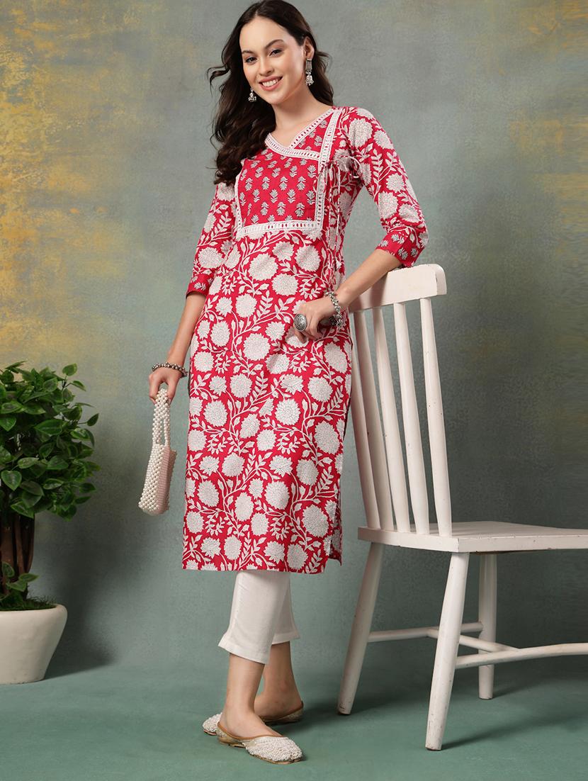 women printed three quarter sleeve straight kurta - 22040990 - Standard Image - 4