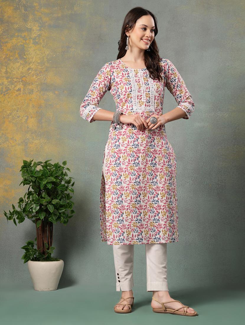 women printed three quarter sleeve straight kurta - 22040994 - Standard Image - 1