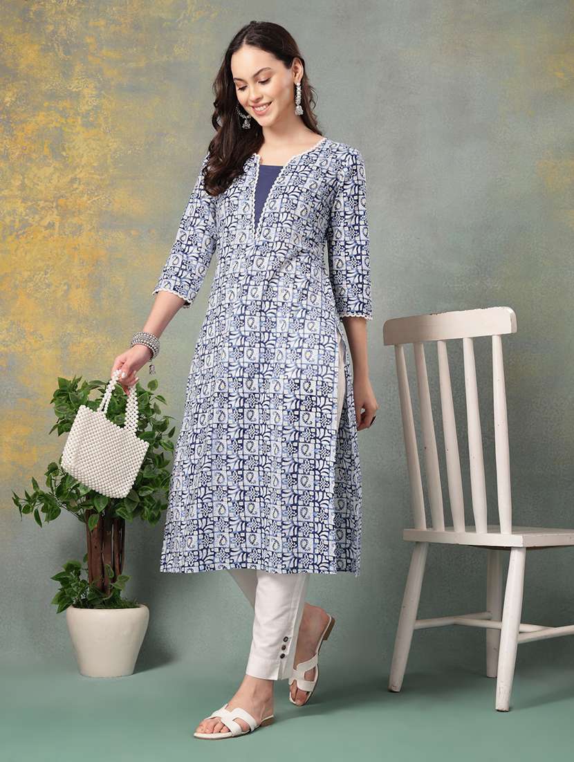 women printed three quarter sleeve straight kurta