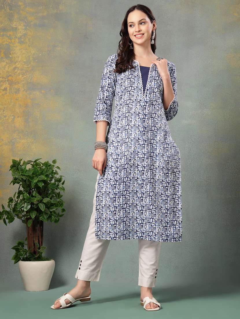 women printed three quarter sleeve straight kurta - 22040995 - Standard Image - 1