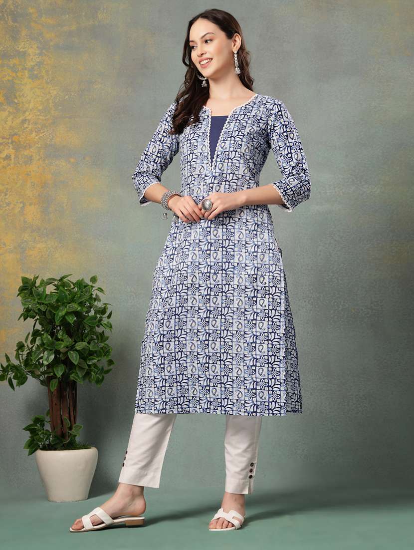 women printed three quarter sleeve straight kurta - 22040995 - Standard Image - 4