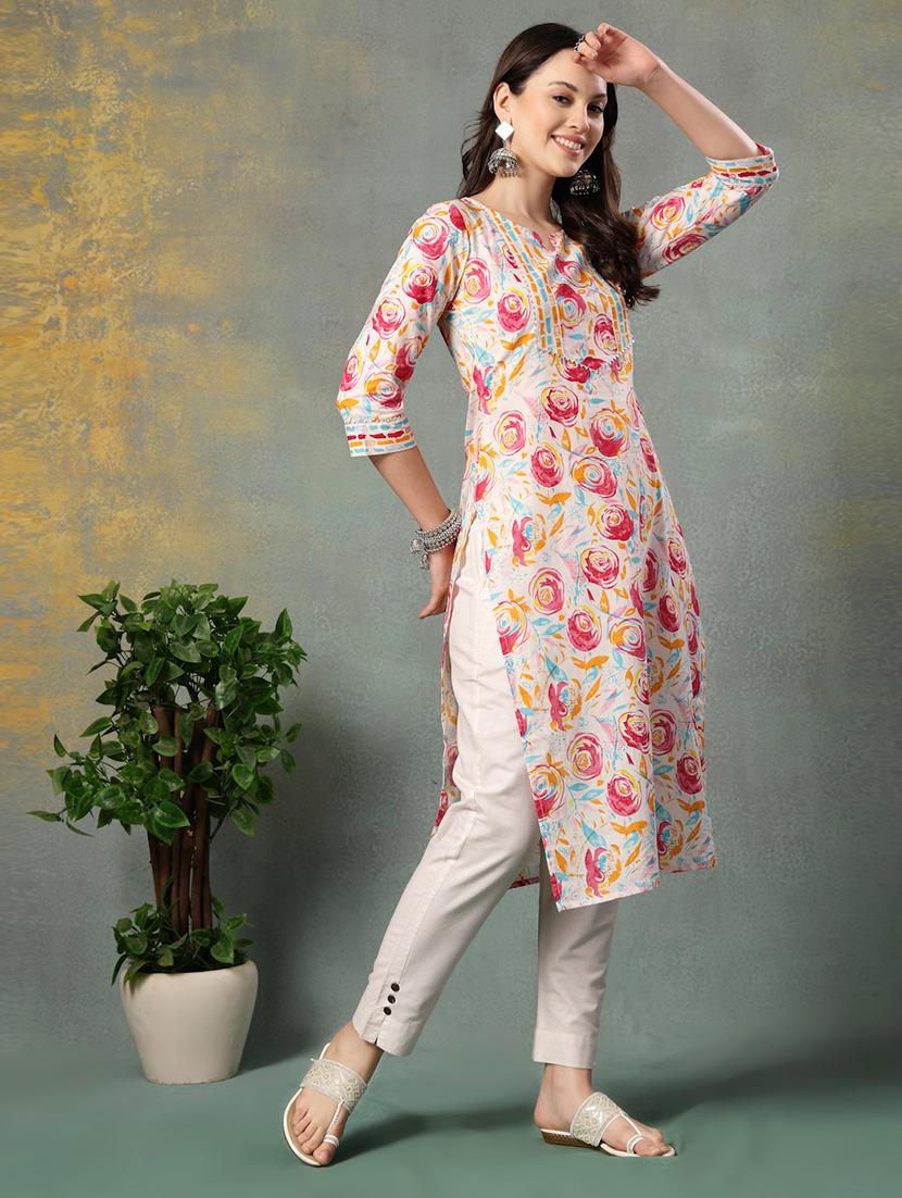 women printed three quarter sleeve straight kurta - 22040997 - Standard Image - 1
