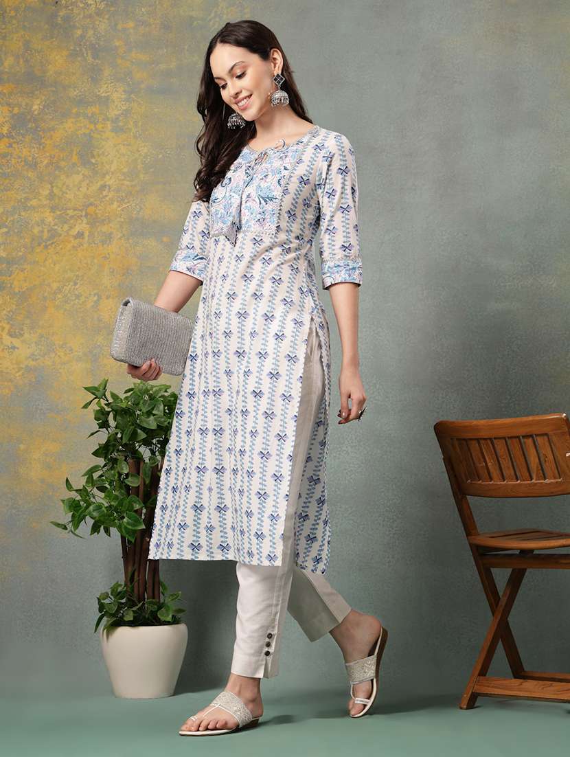 women printed three quarter sleeve straight kurta - 22040998 -  Standard Image - 1