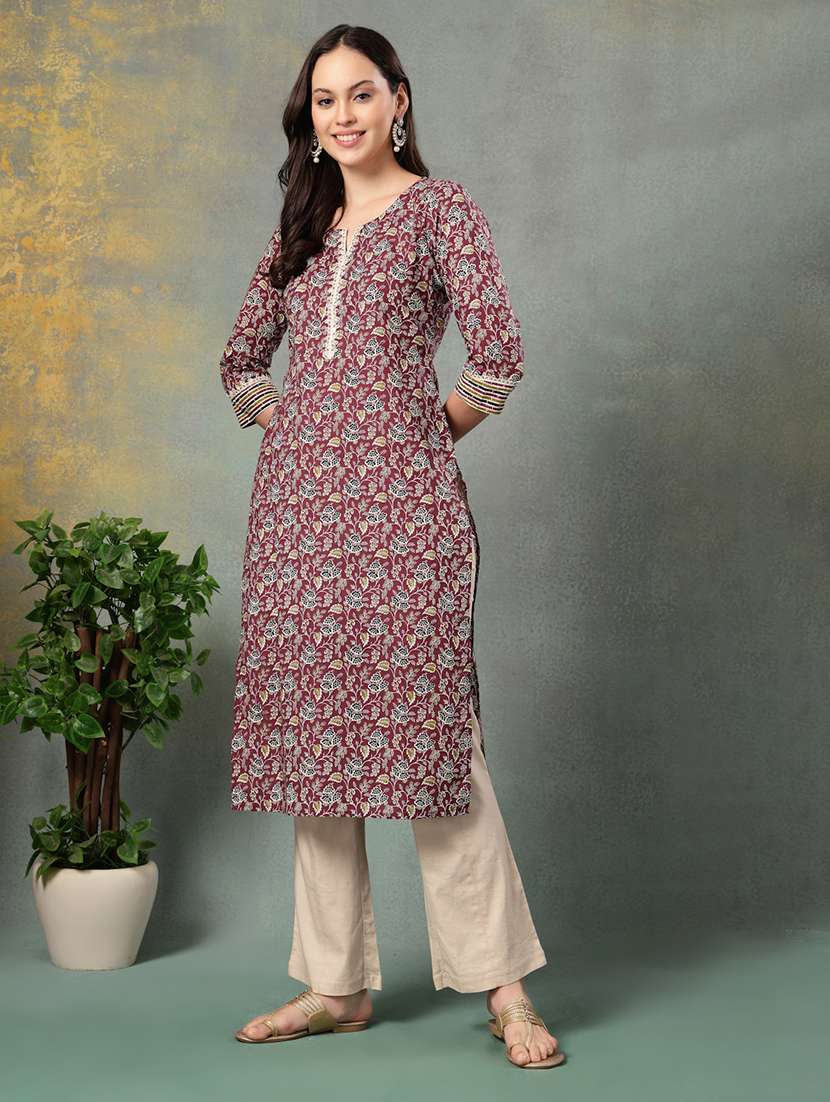 women printed three quarter sleeve straight kurta