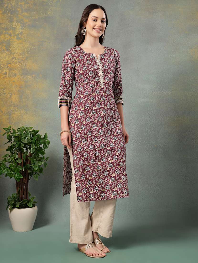 women printed three quarter sleeve straight kurta - 22040999 - Standard Image - 1