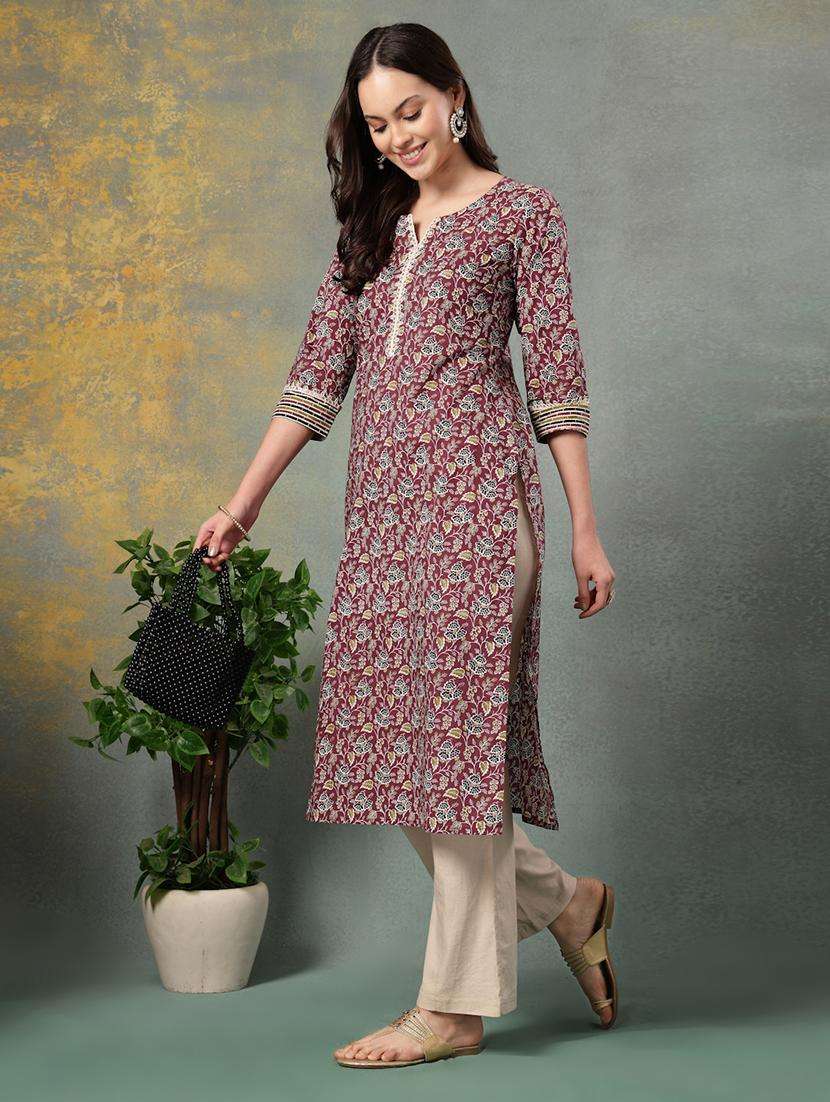 women printed three quarter sleeve straight kurta - 22040999 -  Standard Image - 4
