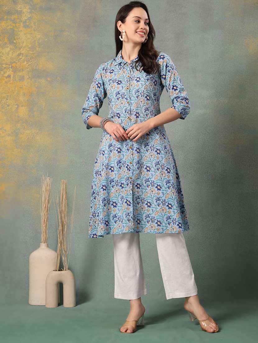 women printed three quarter sleeve straight kurta
