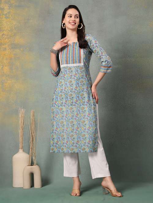 women printed three quarter sleeve straight kurta - 22041003 -  Standard Image - 0
