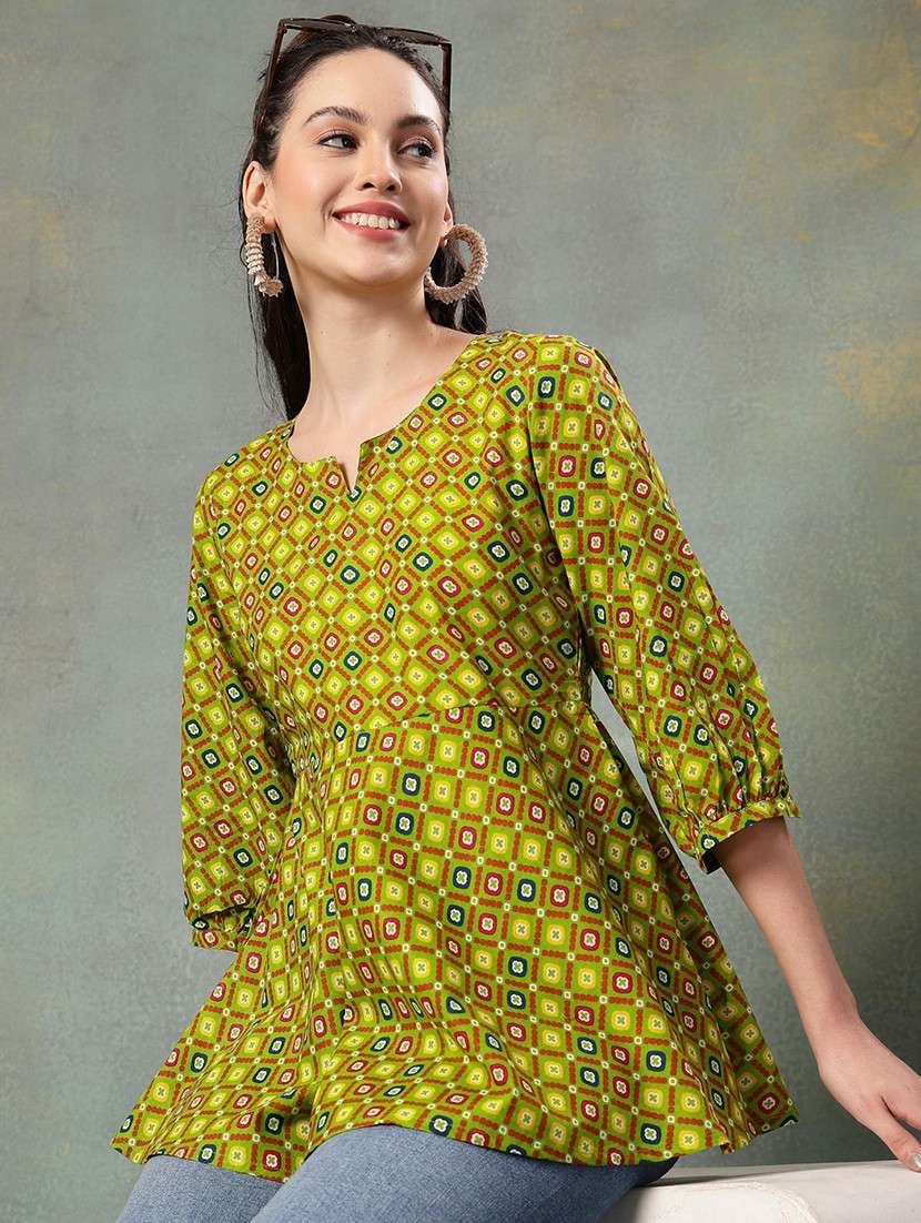 women printed three quarter sleeve flared kurti