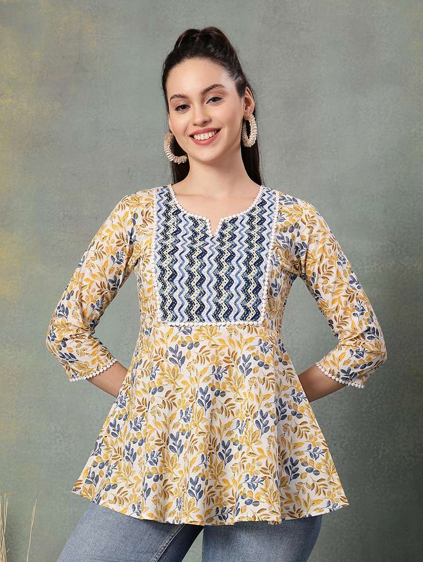 women printed three quarter sleeve a-line kurti