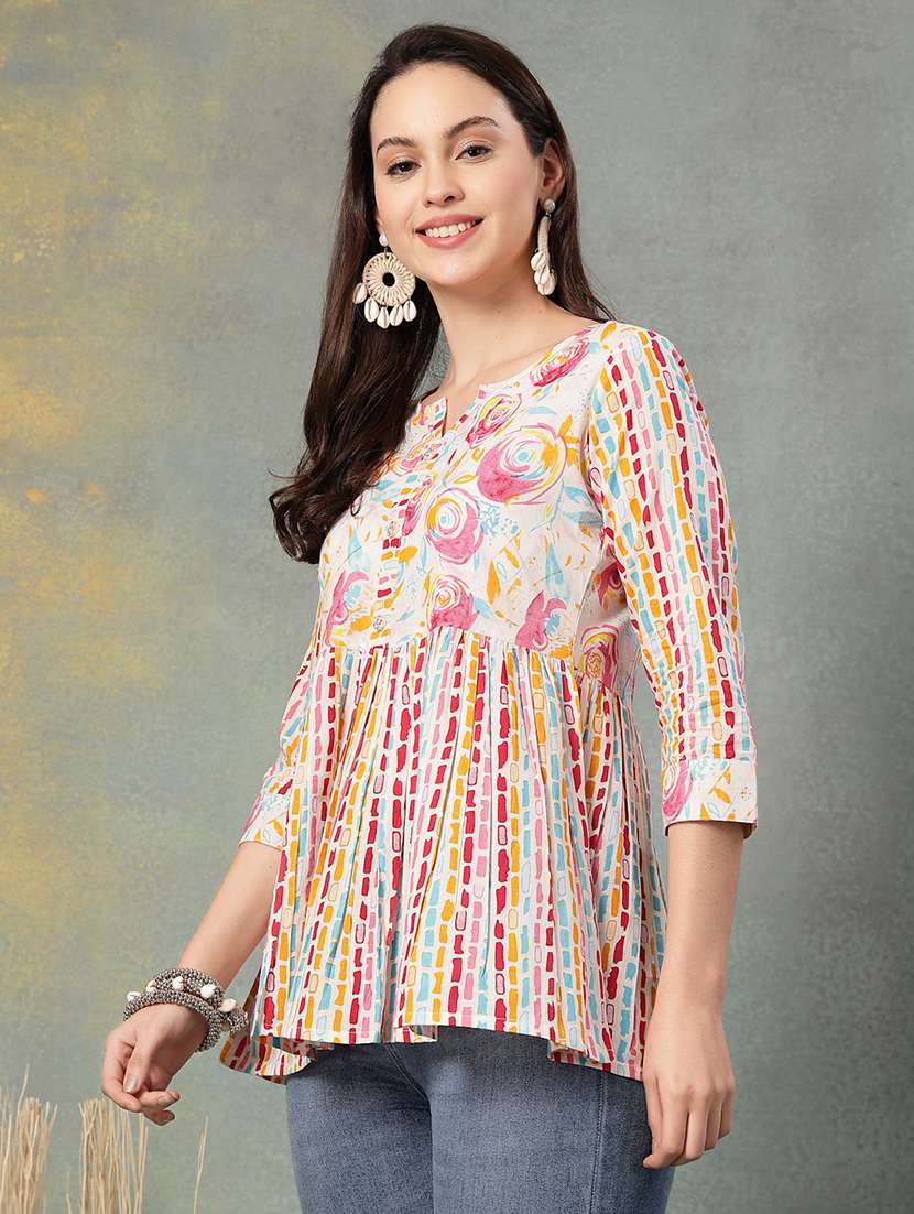 women printed three quarter sleeve a-line kurti - 22041007 - Standard Image - 1