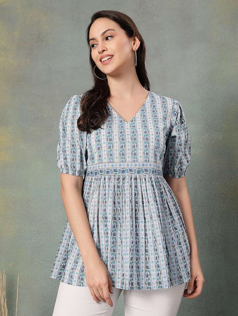 women printed puff sleeve flaerd top