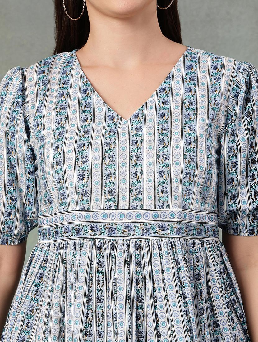 women printed puff sleeve flaerd top - 22041008 - Standard Image - 4